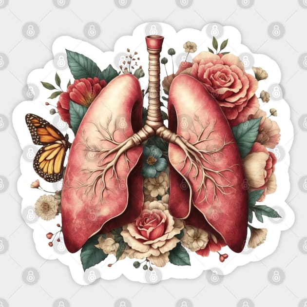 lungs cancer awareness, bloom roses floral, anatomy, watercolor, vintage style Sticker by Collagedream